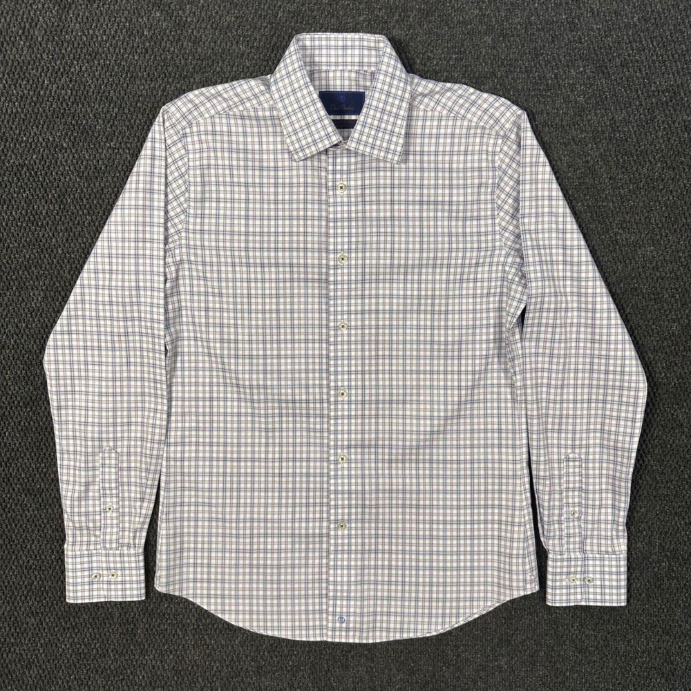 David Donahue Dress Shirt Mens 15.5 34/35 Trim Fit Blue Plaid Luxury Non Iron